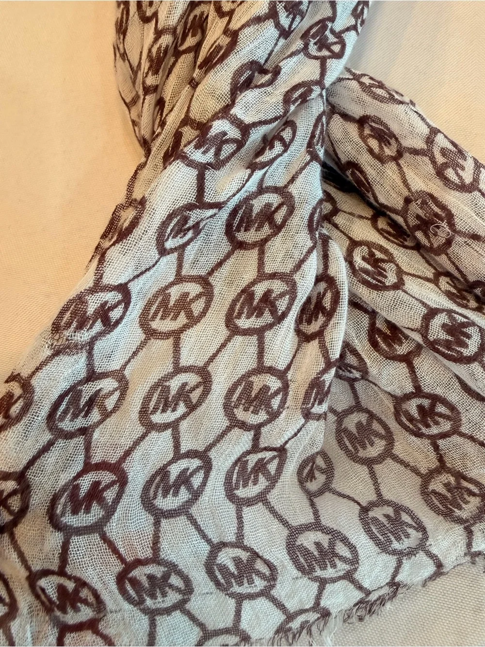 Michael Kors Monogram MK Logo Light Scarf in White and Brown Colorway